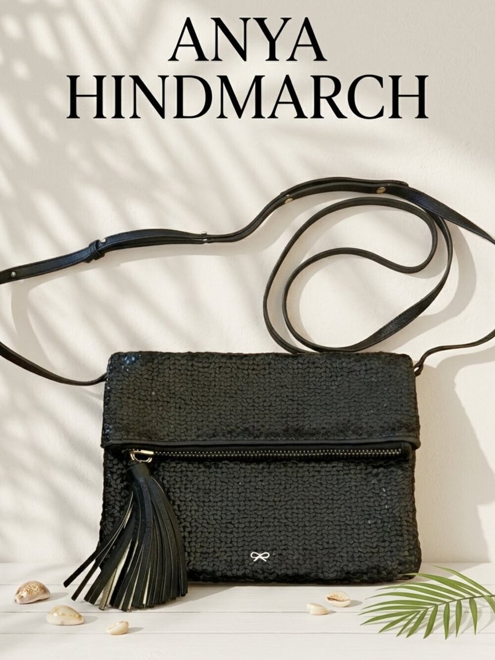 Anya Hindmarch Black Woven Leather Crossbody Clutch Tassel Foldover Quiet Luxury
